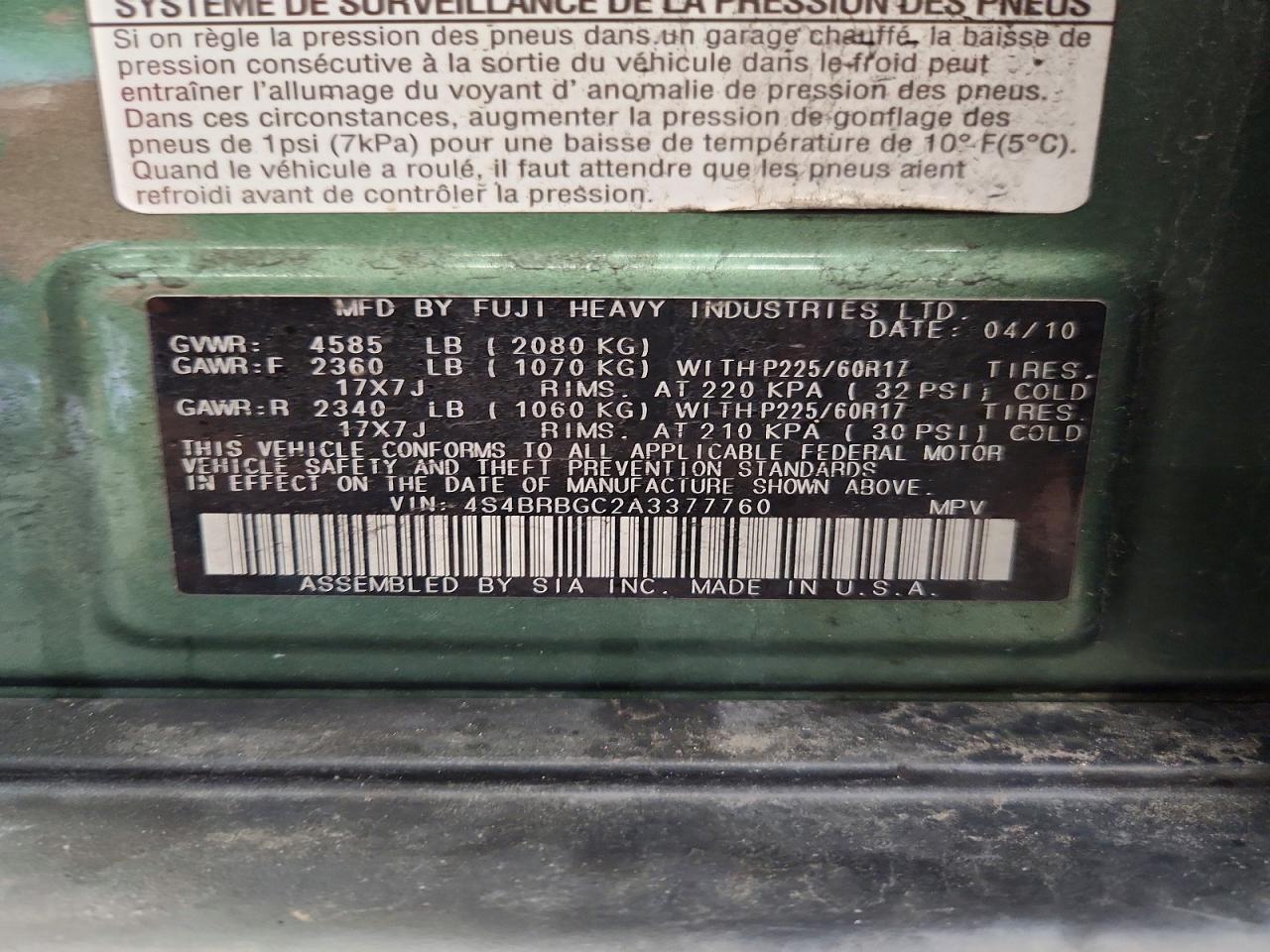 2010 Subaru Outback 2.5i Premium Green vin: 4S4BRBGC2A3377760