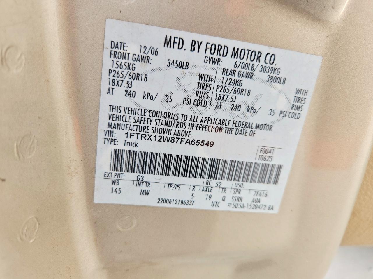 2007 Ford F150 Tan vin: 1FTRX12W87FA65549