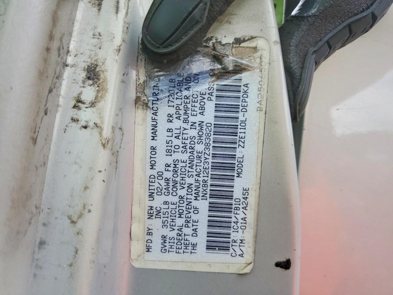 2000 Toyota Corolla Ve Серебряный vin: 1NXBR12E3YZ383820