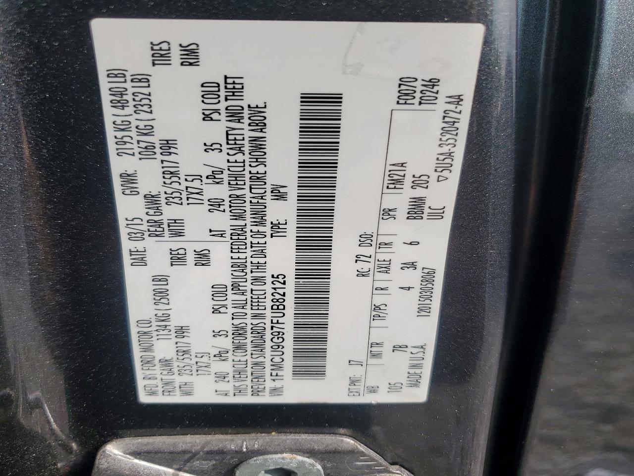 2015 Ford Escape Se Gray vin: 1FMCU9G97FUB82125