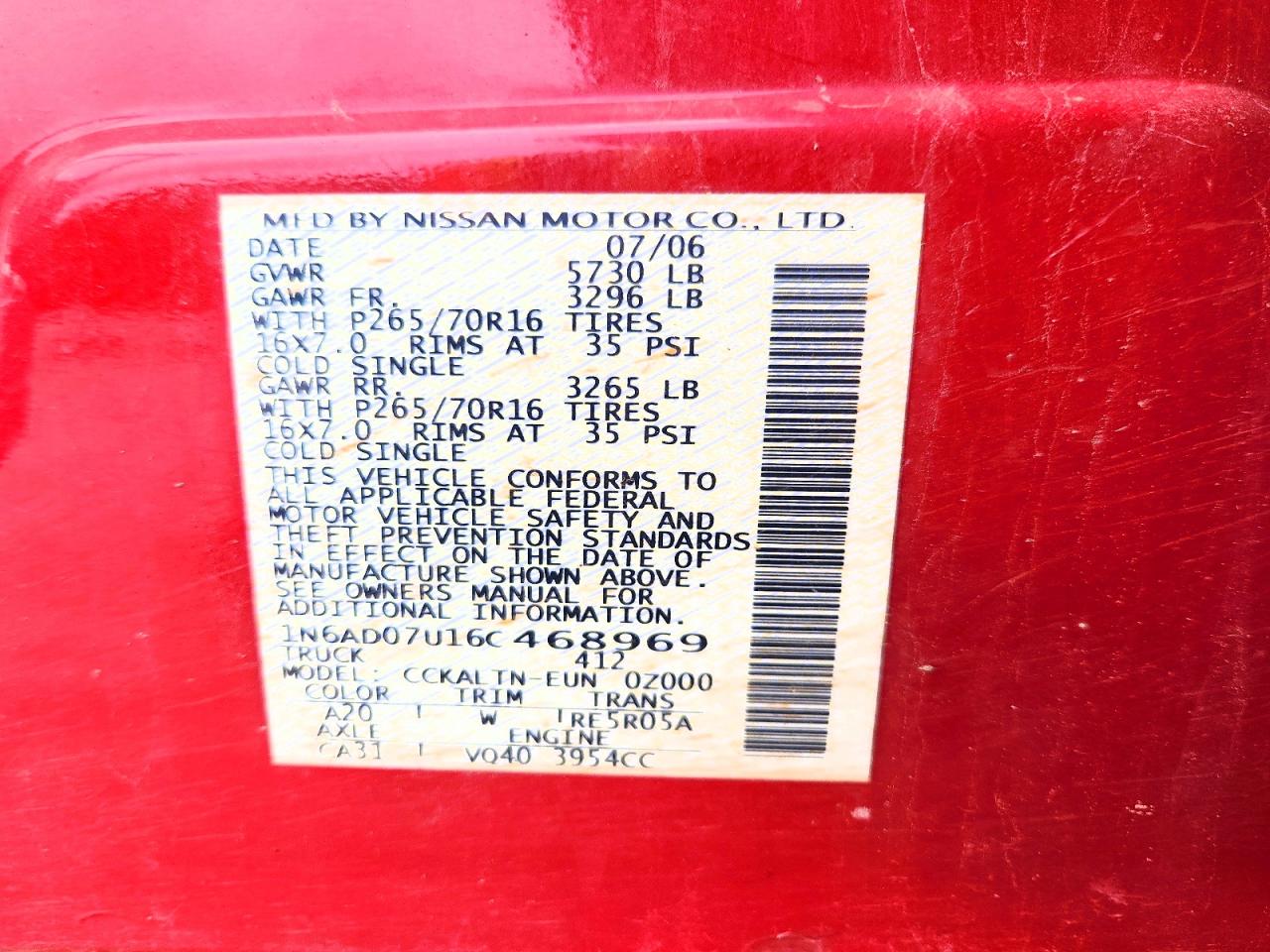 2006 Nissan Frontier Se Красный vin: 1N6AD07U16C468969