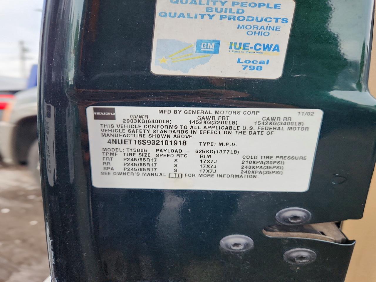 2003 Isuzu Ascender S Green vin: 4NUET16S932101918