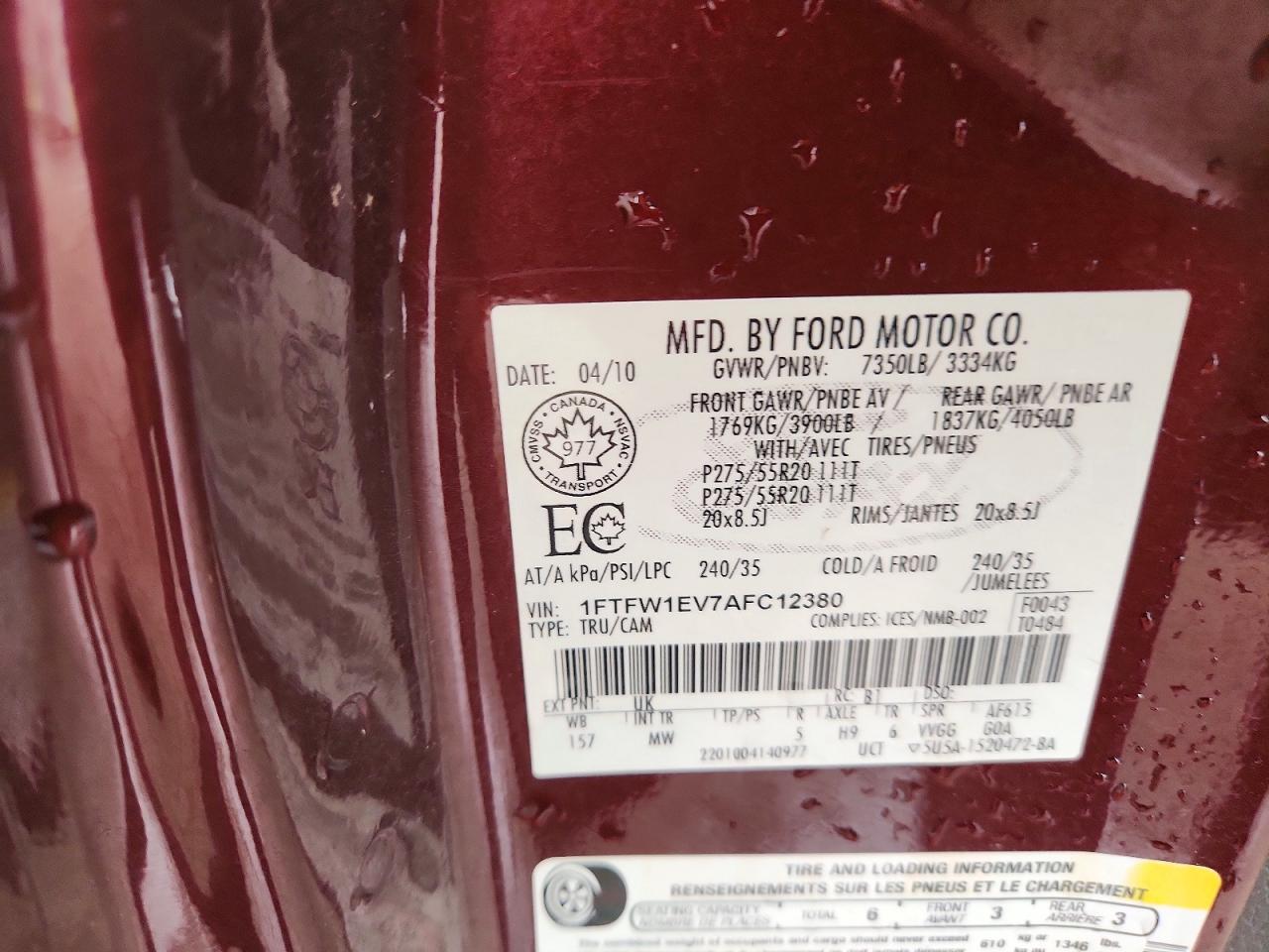 2010 Ford F150 Supercrew Maroon vin: 1FTFW1EV7AFC12380