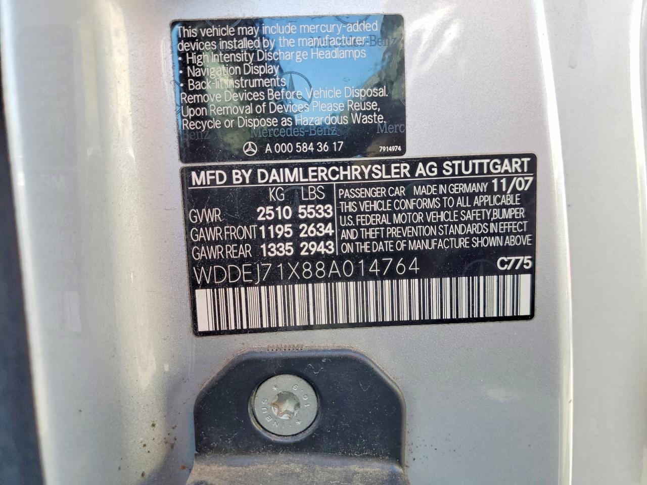2008 Mercedes-benz Cl 550 Silver vin: WDDEJ71X88A014764
