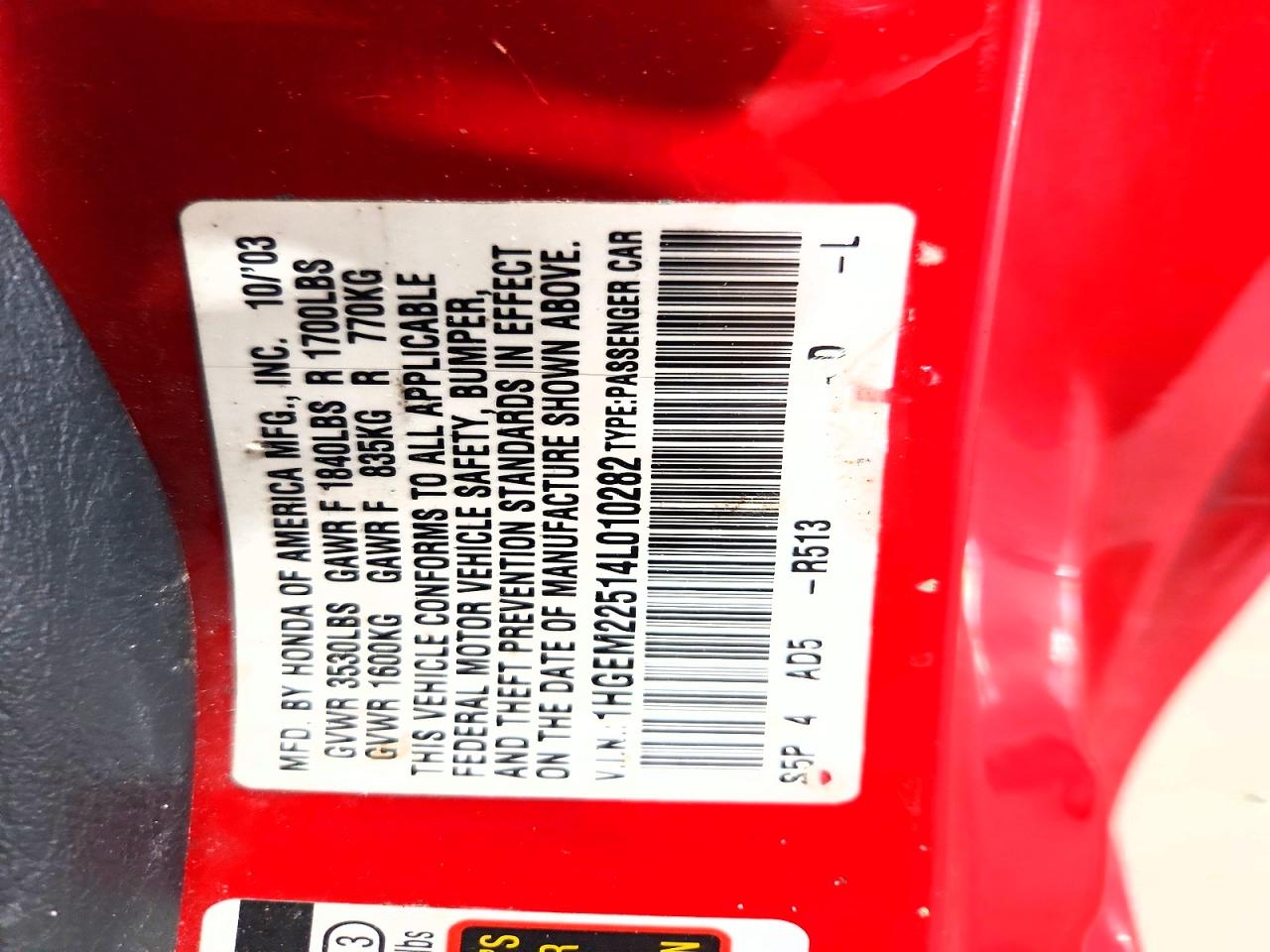 2004 Honda Civic Lx Red vin: 1HGEM22514L010282