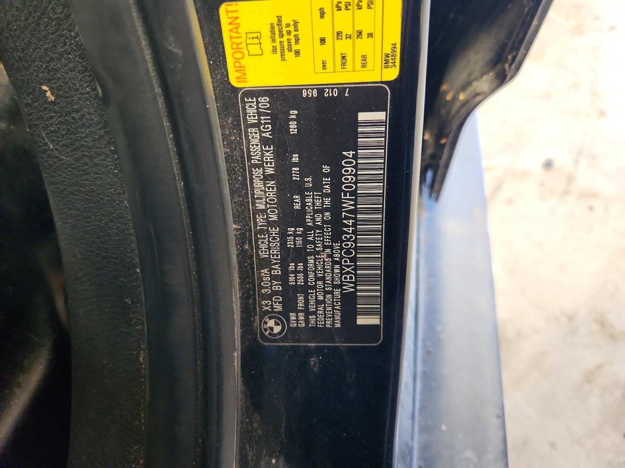 2007 Bmw X3 3.0si Black vin: WBXPC93447WF09904