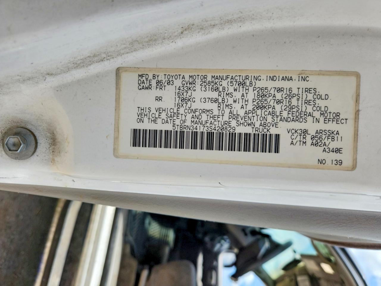 2003 Toyota Tundra Access Cab Sr5 White vin: 5TBRN34173S420829
