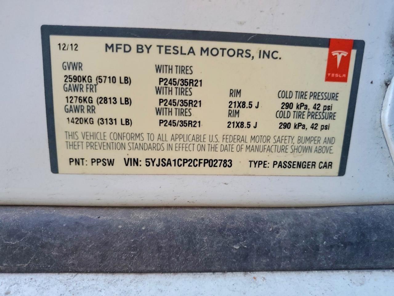 2012 Tesla Model S White vin: 5YJSA1CP2CFP02783