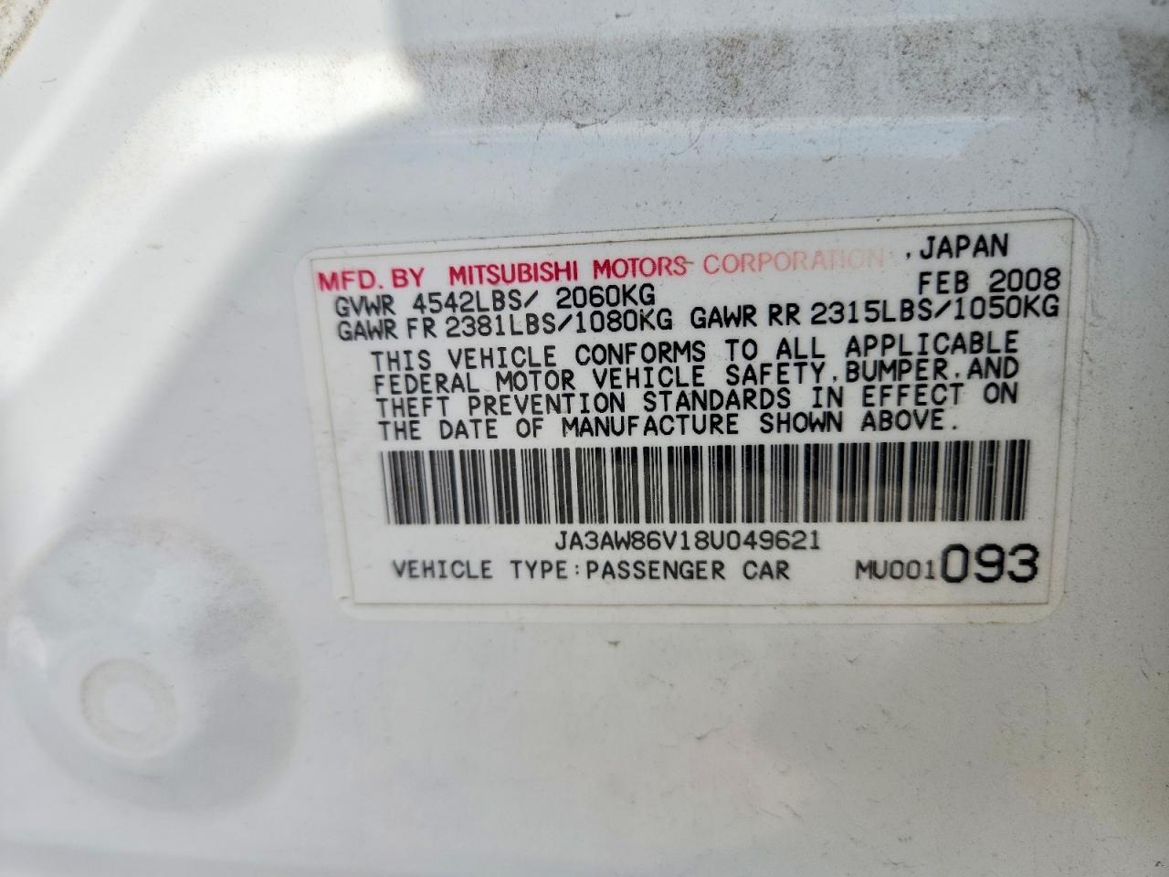 2008 Mitsubishi Lancer Evolution Gsr White vin: JA3AW86V18U049621