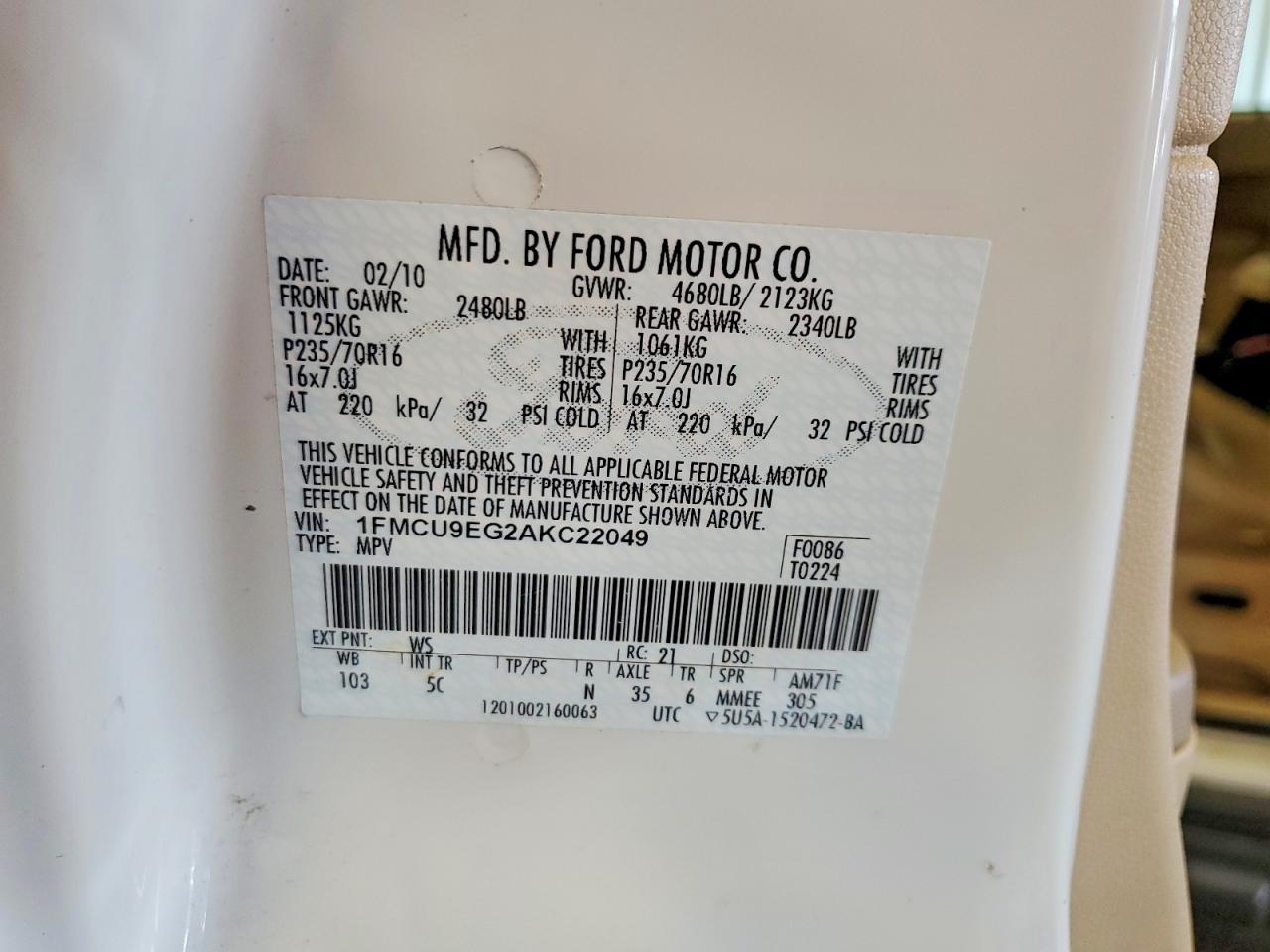 2010 Ford Escape Limited White vin: 1FMCU9EG2AKC22049