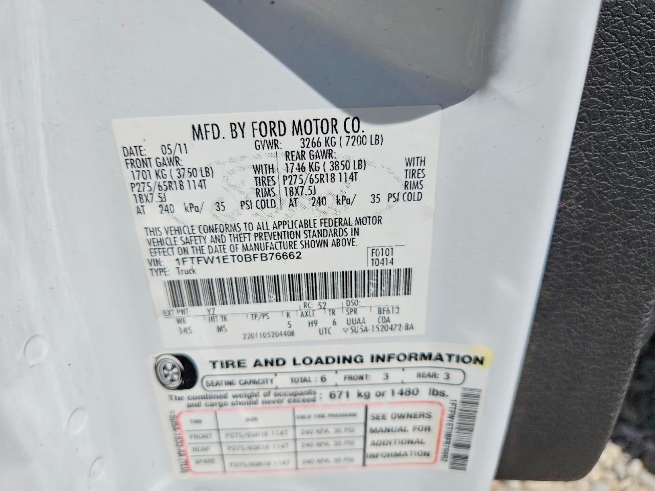 2011 Ford F150 Supercrew White vin: 1FTFW1ET0BFB76662