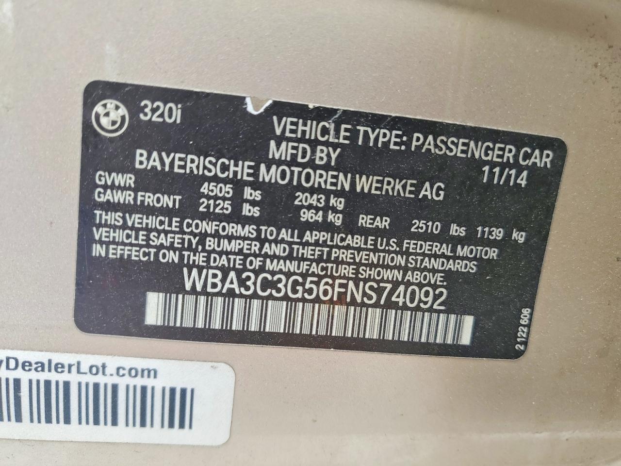2015 Bmw 320 I Xdrive Gold vin: WBA3C3G56FNS74092