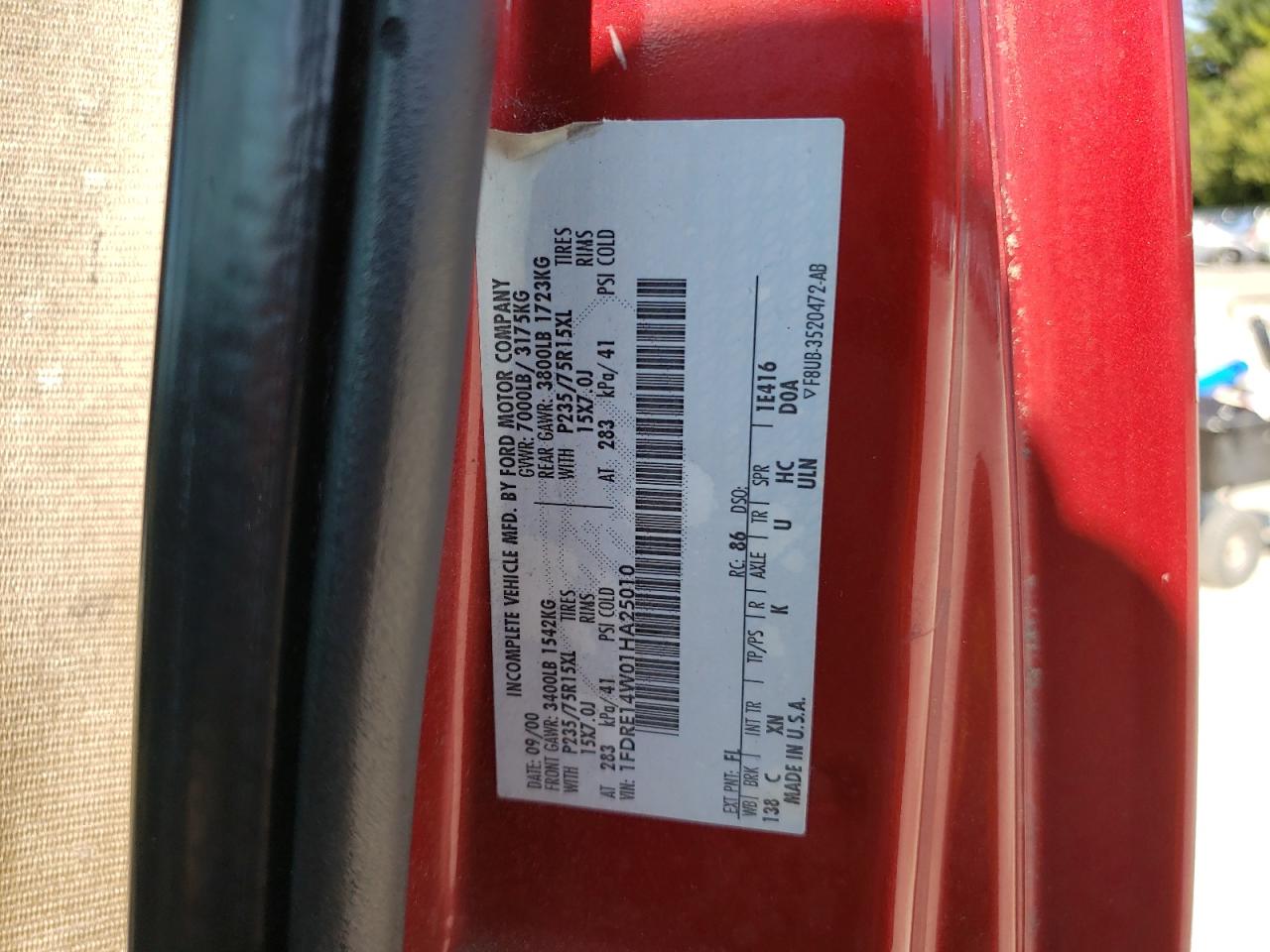 2001 Ford Econoline E150 Van Red vin: 1FDRE14W01HA25010