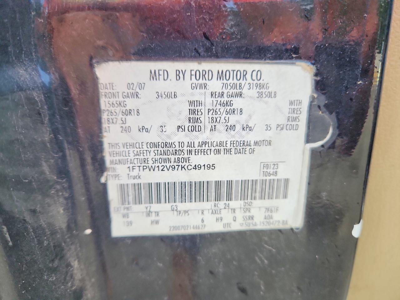 2007 Ford F150 Supercrew Black vin: 1FTPW12V97KC49195