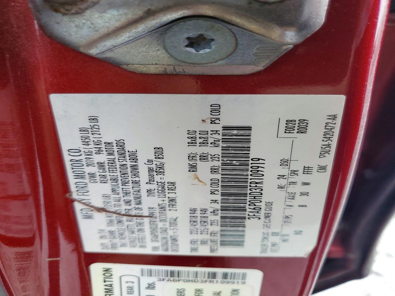 2015 Ford Fusion Se Burgundy vin: 3FA6P0HD3FR109919