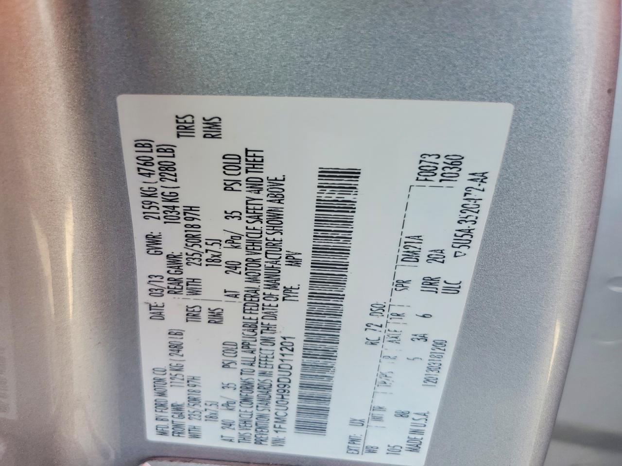 2013 Ford Escape Sel Gray vin: 1FMCU0H99DUD11201