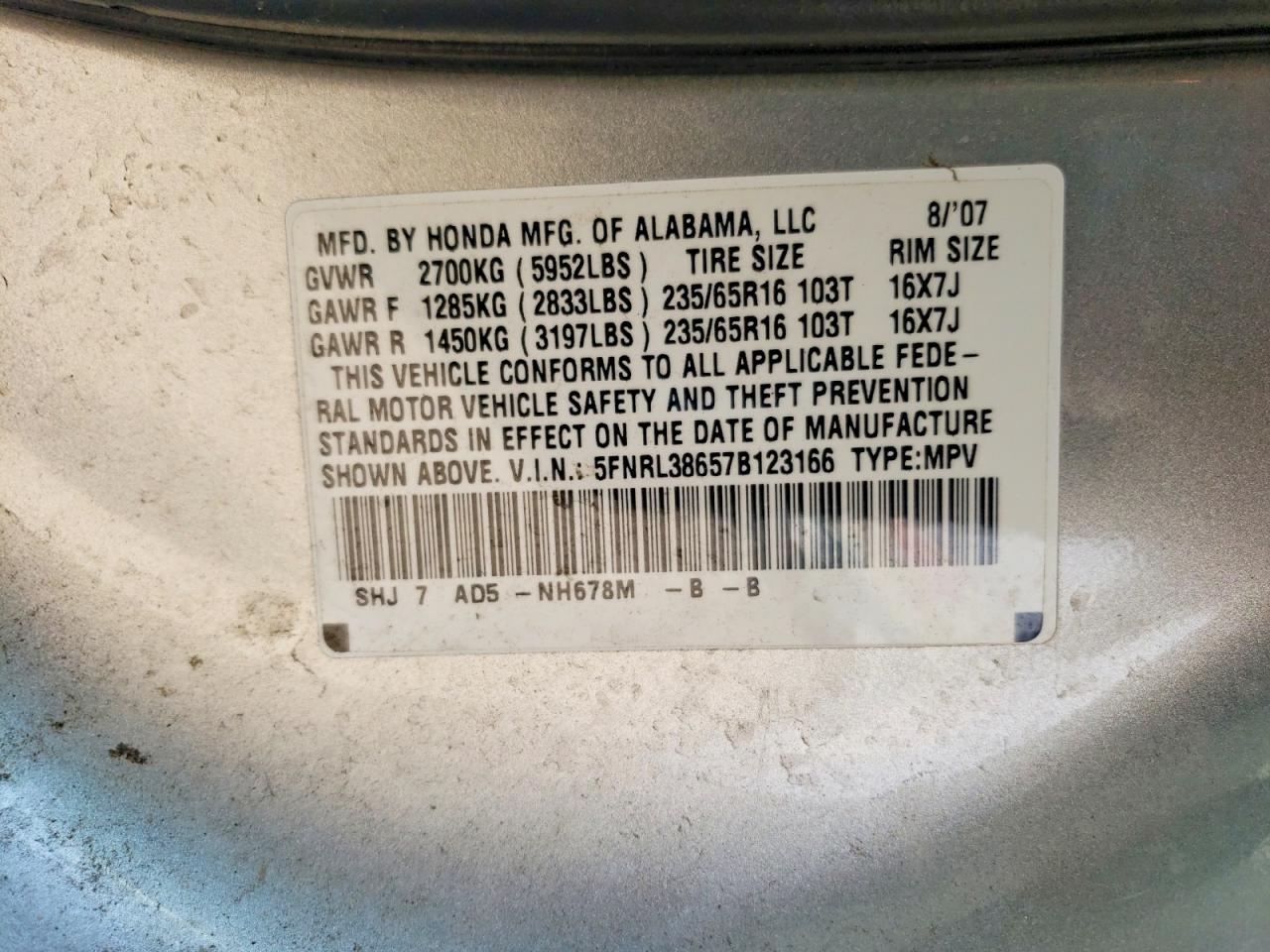 2007 Honda Odyssey Exl Silver vin: 5FNRL38657B123166