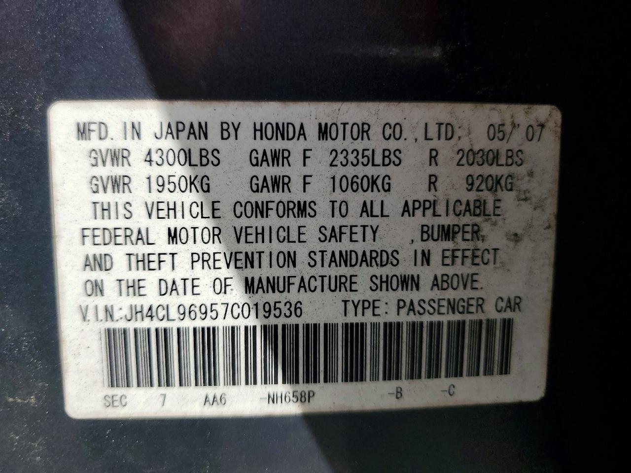 2007 Acura Tsx Gray vin: JH4CL96957C019536