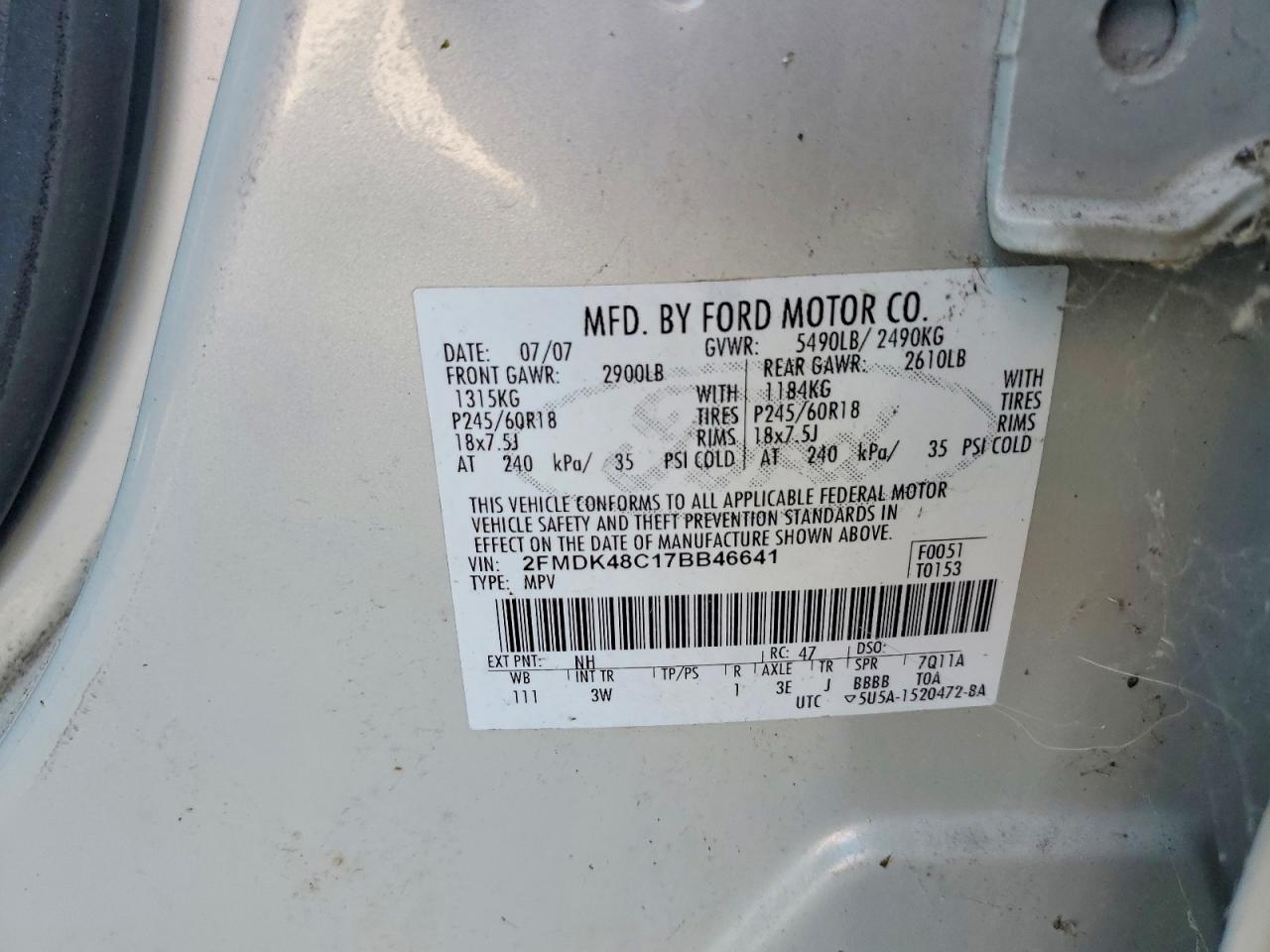 2007 Ford Edge Sel Silver vin: 2FMDK48C17BB46641