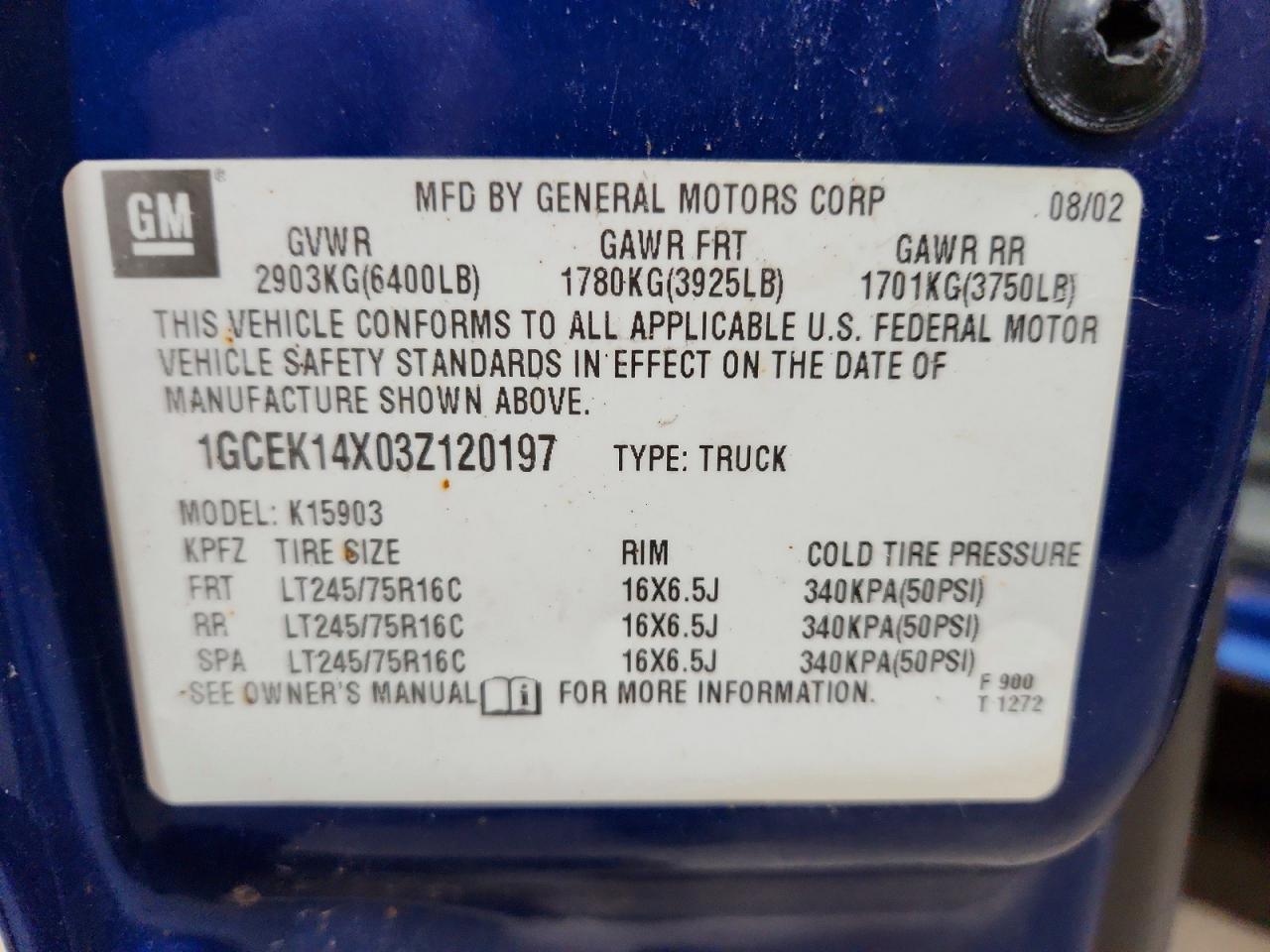 2003 Chevrolet Silverado K1500 Blue vin: 1GCEK14X03Z120197