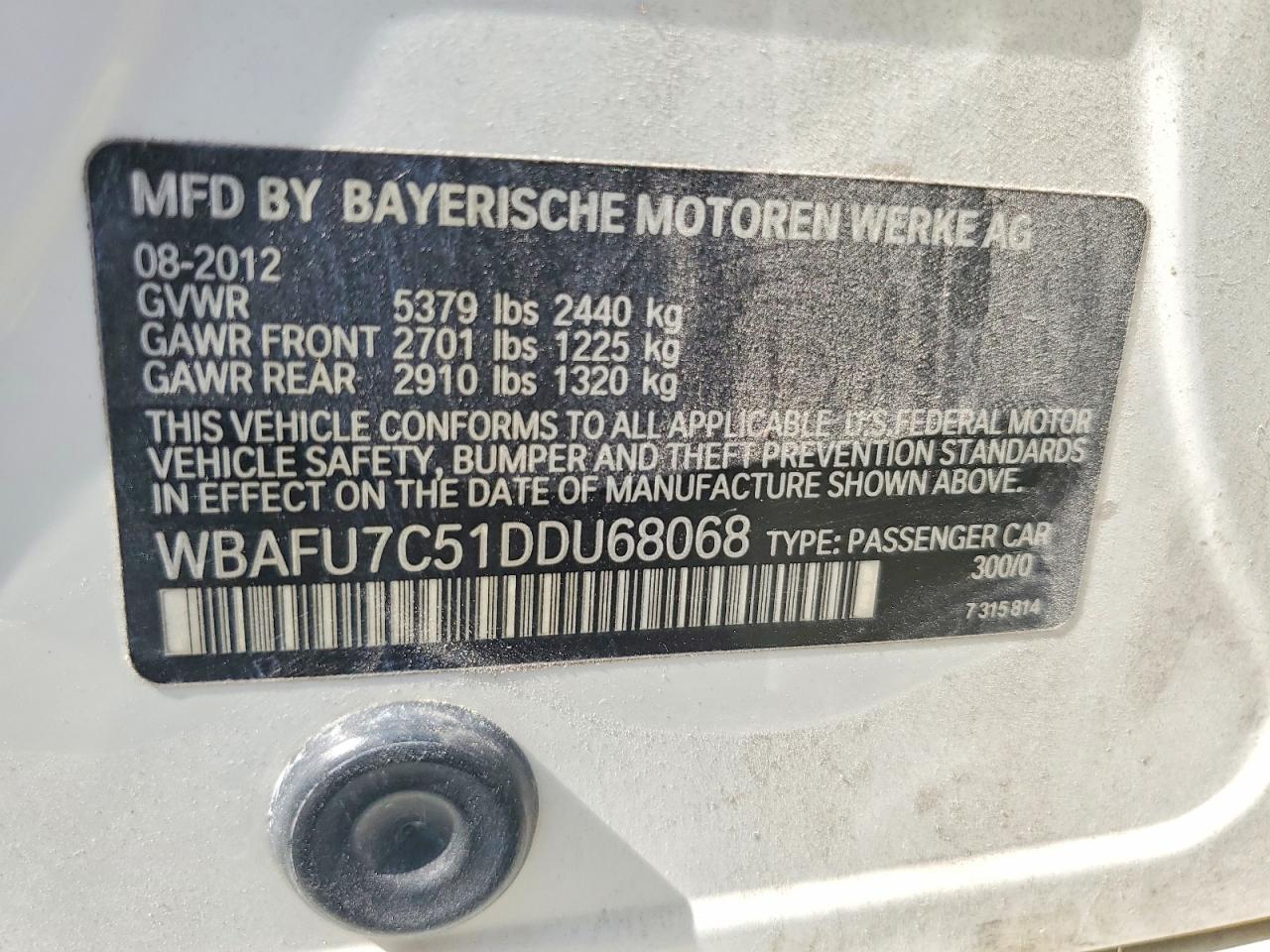 2013 Bmw 535 Xi White vin: WBAFU7C51DDU68068