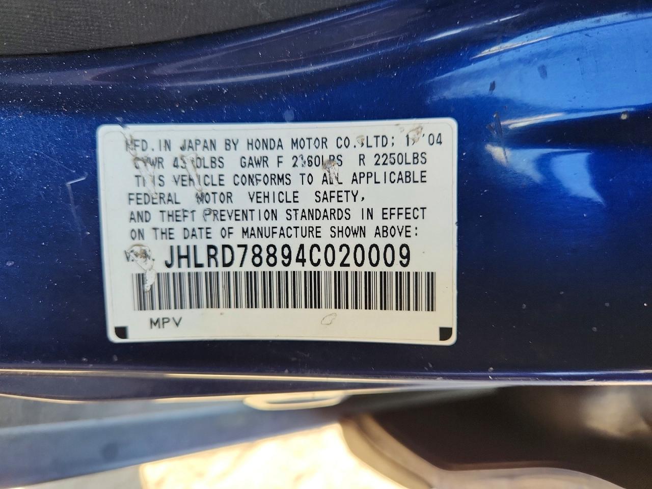 2004 Honda Cr-v Ex Blue vin: JHLRD78894C020009