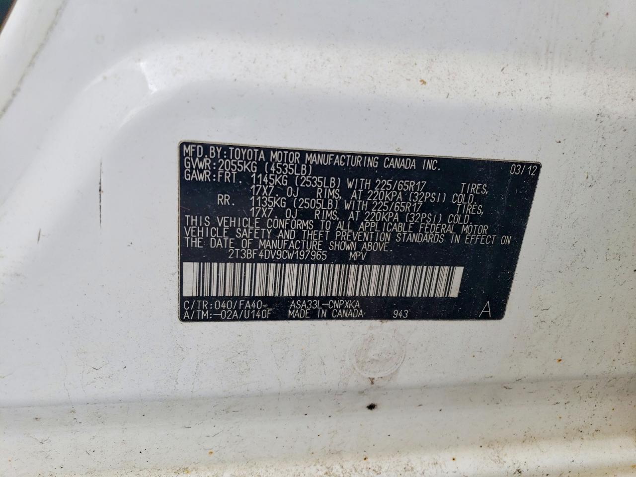 2012 Toyota Rav4 Base White vin: 2T3BF4DV9CW197965