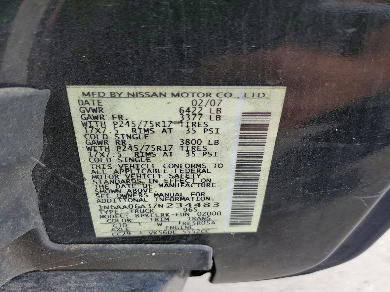 2007 Nissan Titan Xe Black vin: 1N6AA06A37N234483