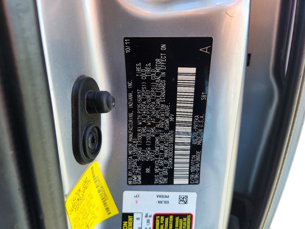 2012 Toyota Sienna Le Silver vin: 5TDKK3DC0CS188576