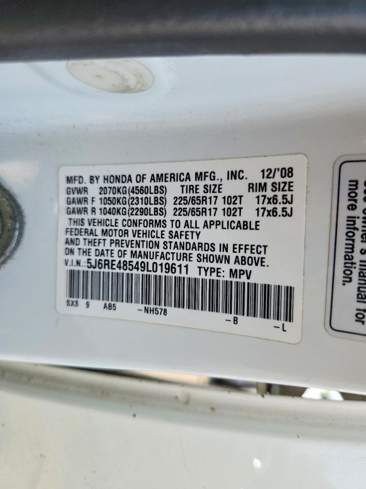 2009 Honda Cr-v Ex White vin: 5J6RE48549L019611