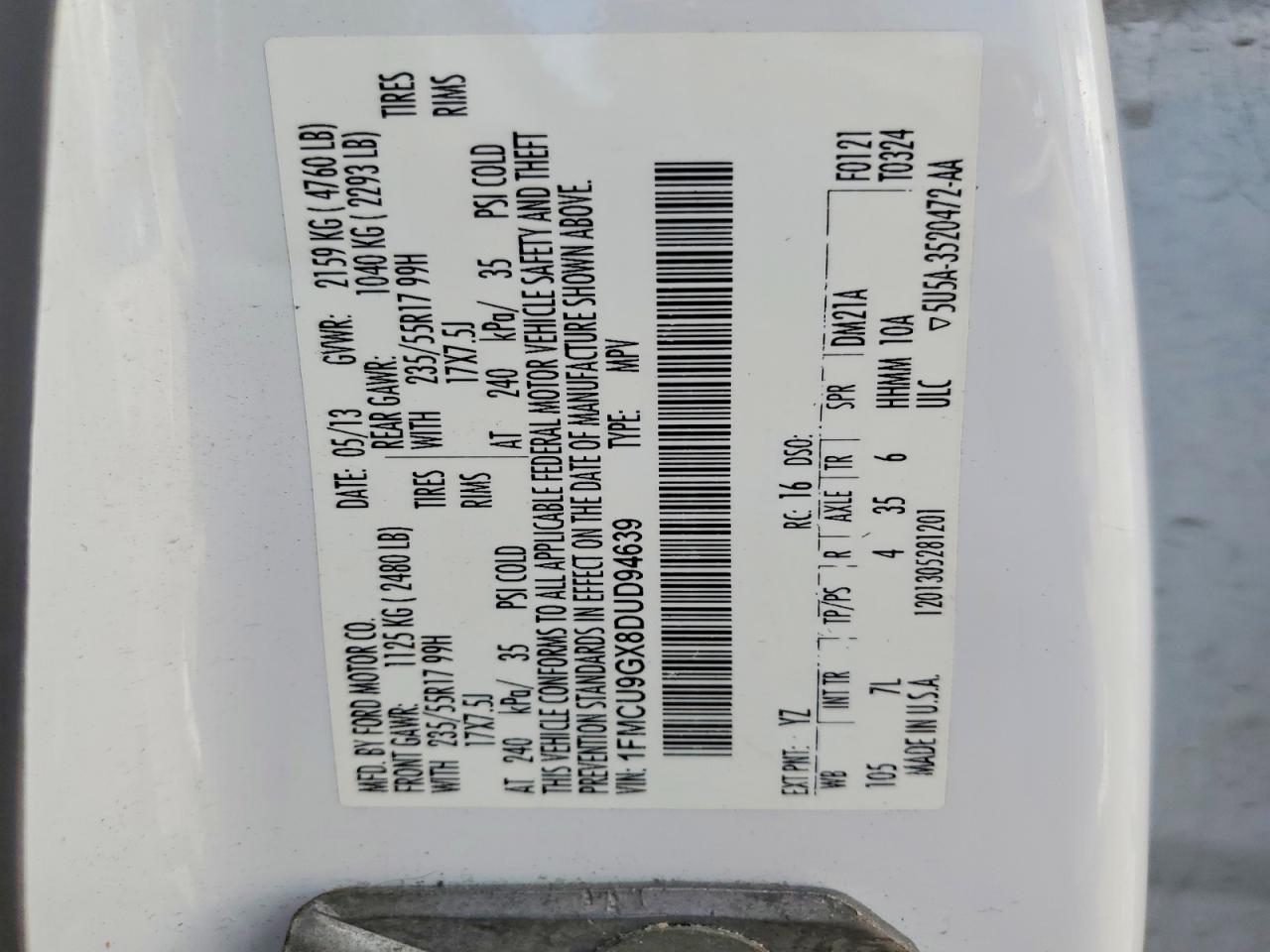 2013 Ford Escape Se White vin: 1FMCU9GX8DUD94639