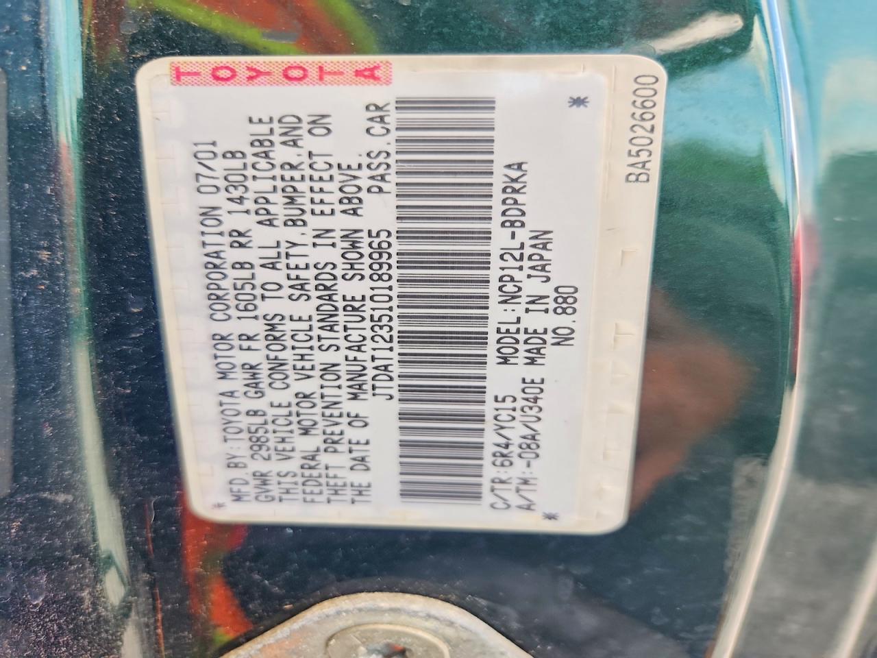 2001 Toyota Echo Base Green vin: JTDAT123510189965