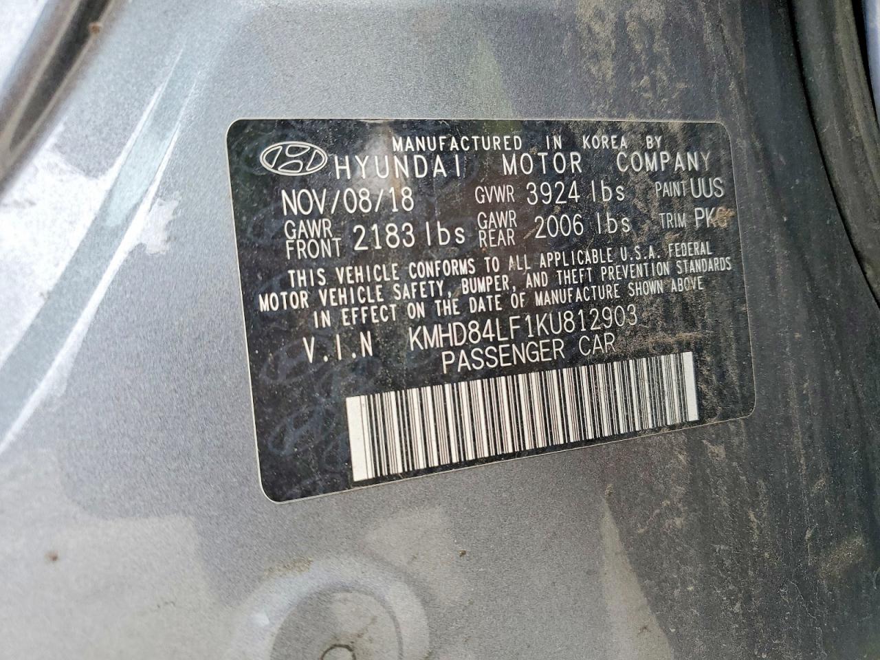 2019 Hyundai Elantra Sel Gray vin: KMHD84LF1KU812903