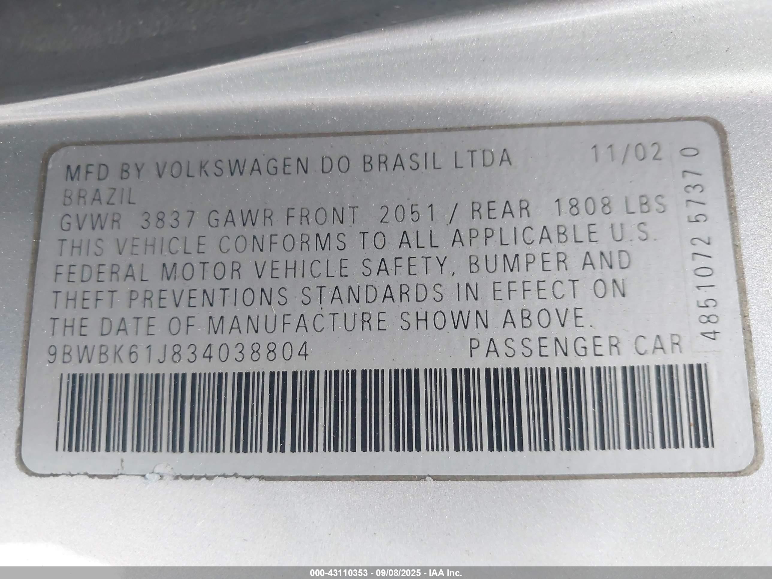 2003 Volkswagen Golf Gl/gl 2.0l Silver vin: 9BWBK61J834038804