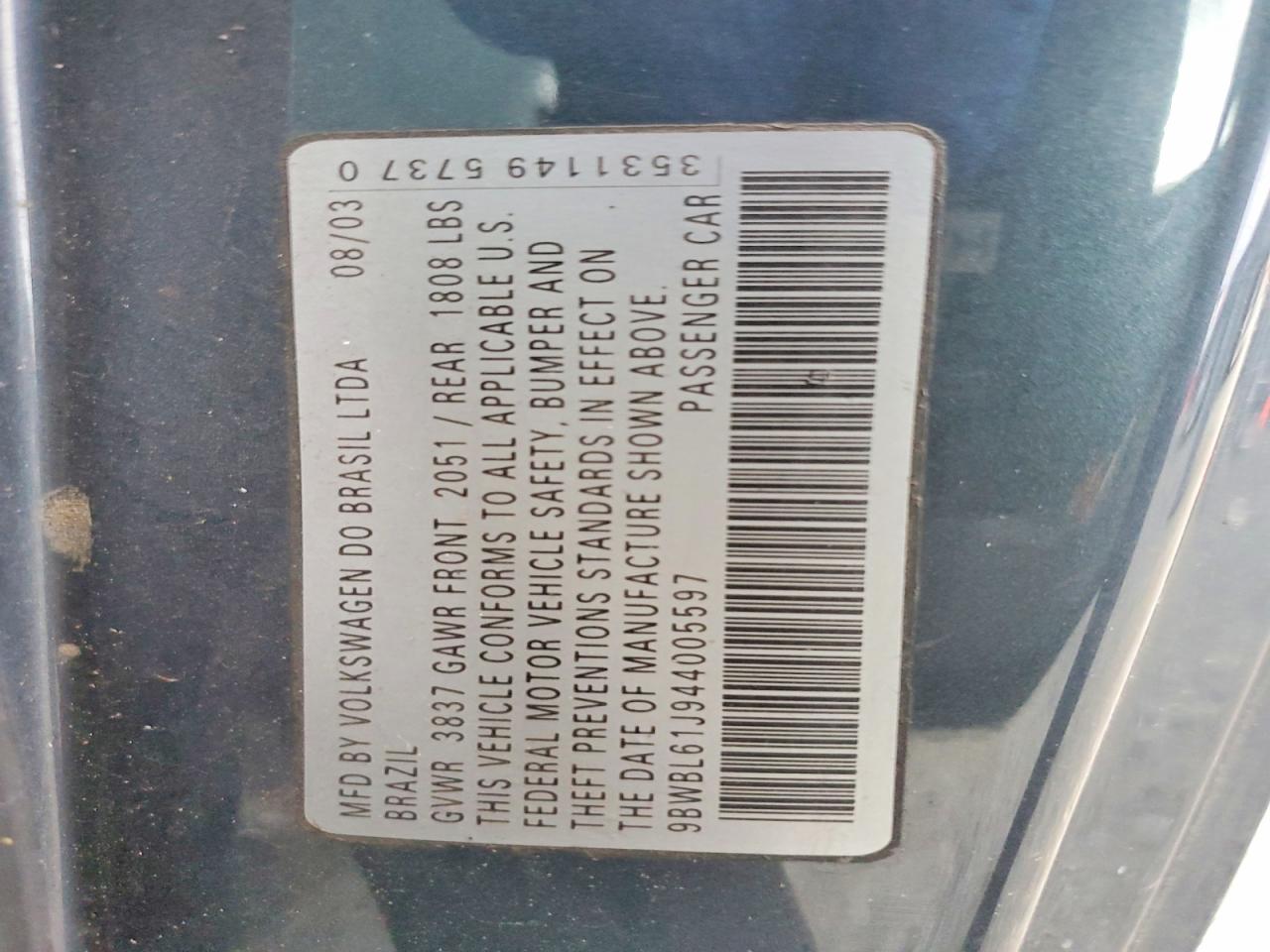 2004 Volkswagen Golf Gl Gray vin: 9BWBL61J944005597