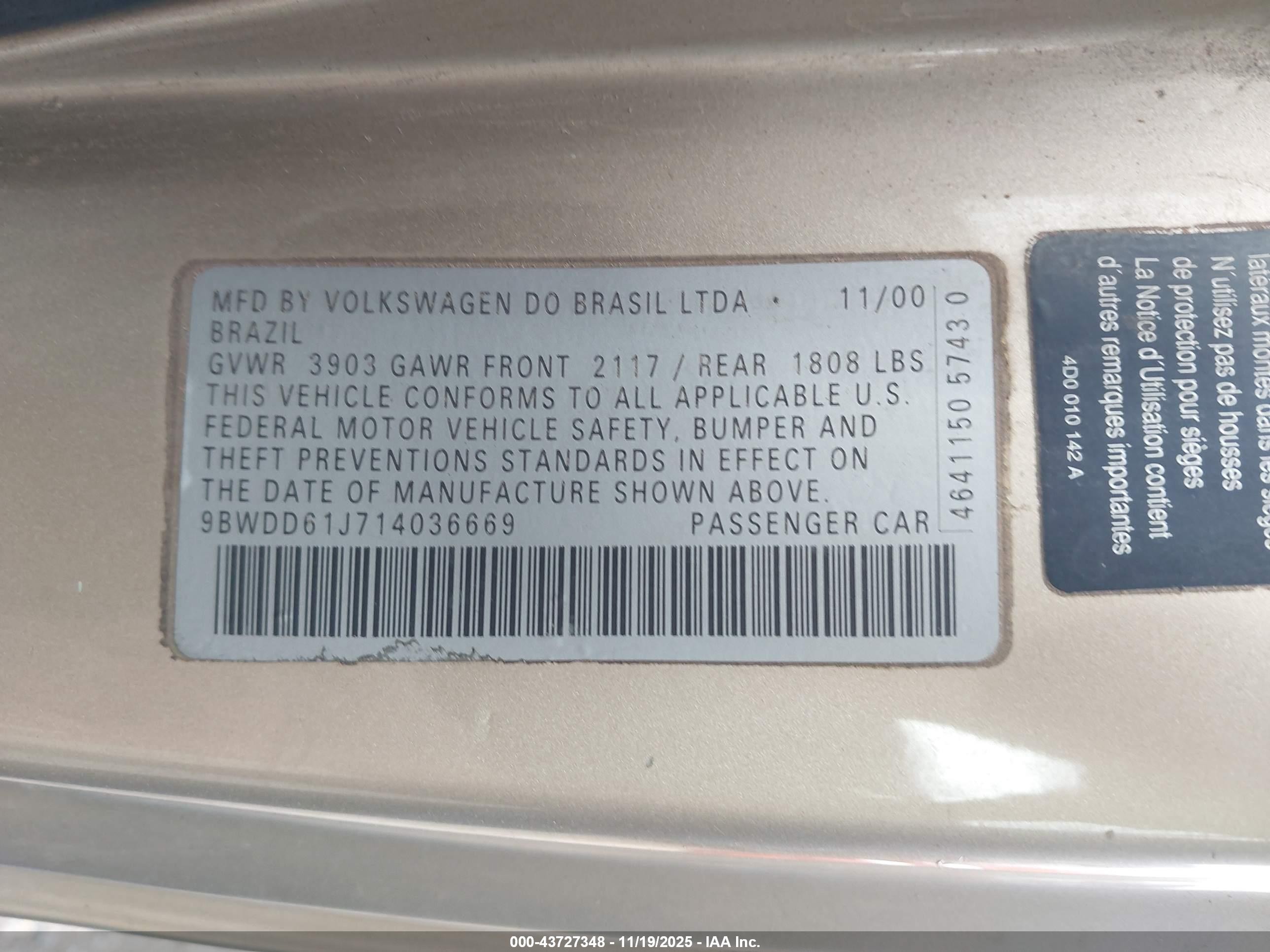 2001 Volkswagen Gti Gls Золотой vin: 9BWDD61J714036669