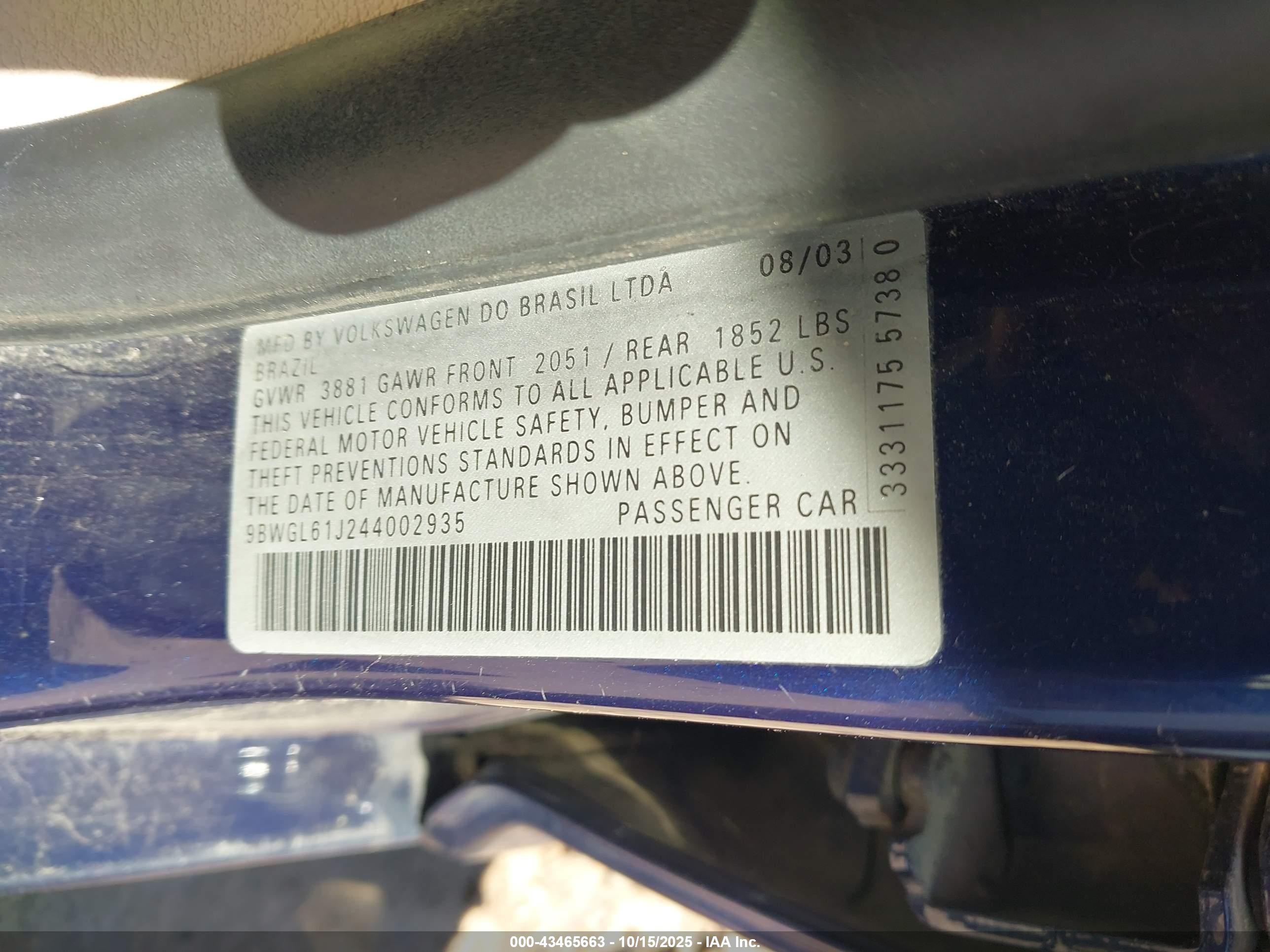 2004 Volkswagen Golf Gls 2.0l Blue vin: 9BWGL61J244002935