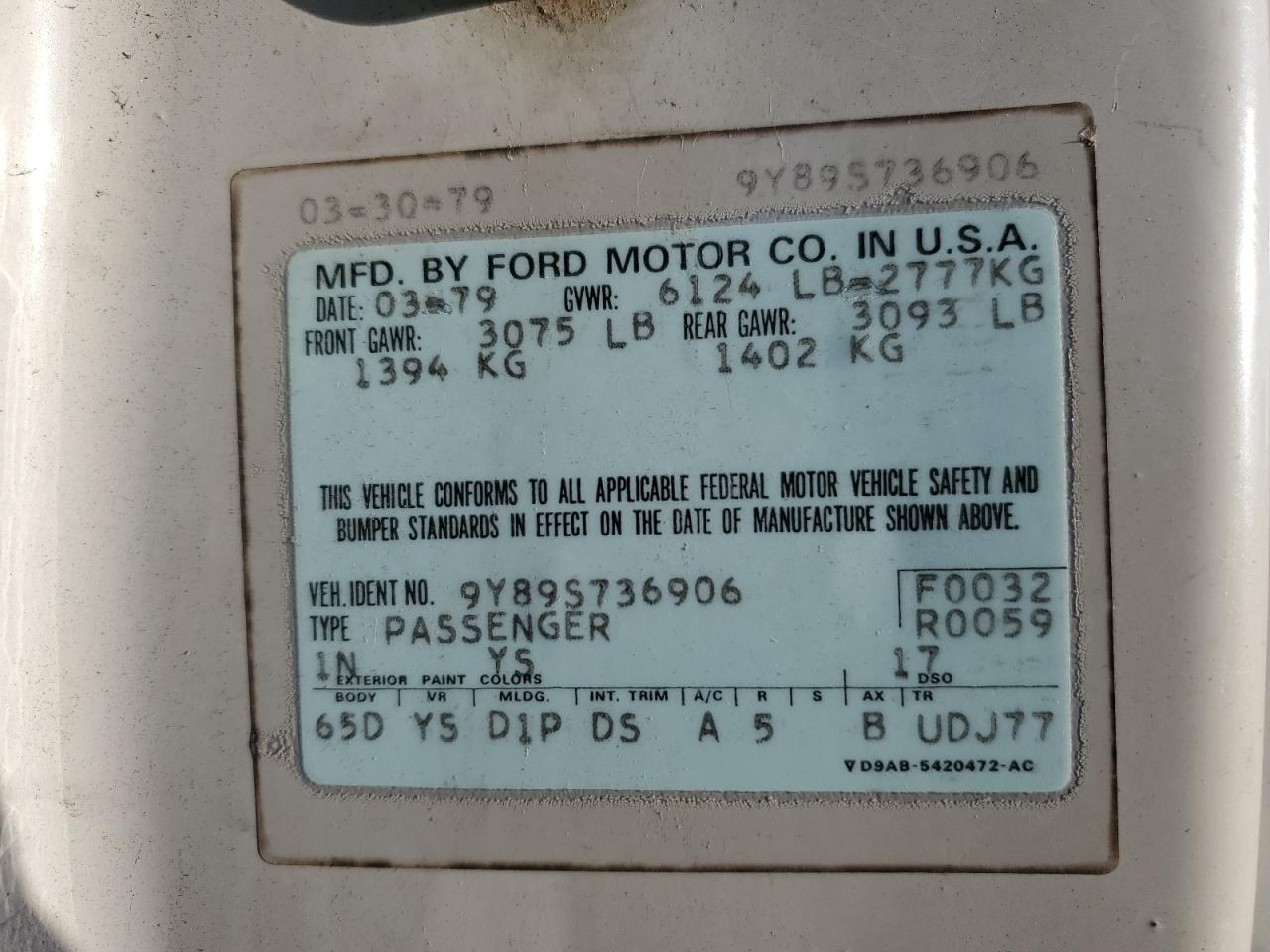 1979 Lincoln Continenta Gray vin: 9Y89S736906