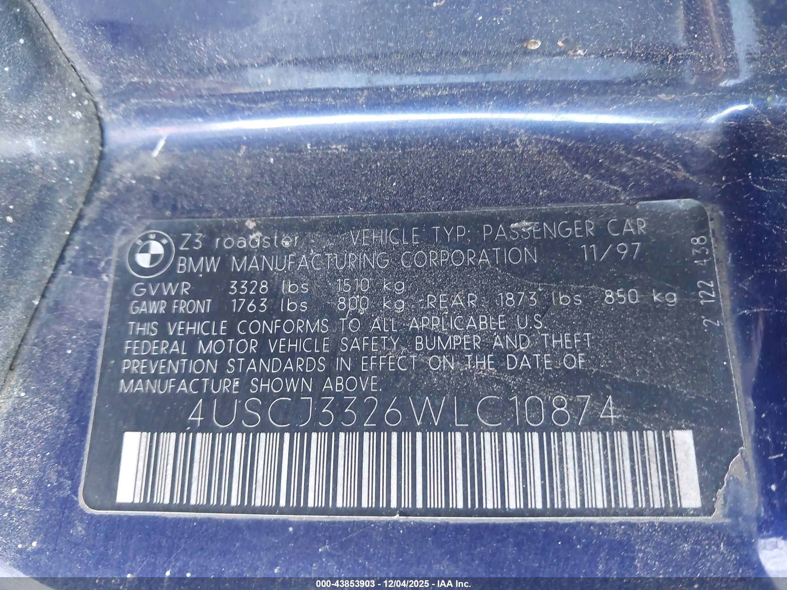 1998 Bmw Z3 2.8 Blue vin: 4USCJ3326WLC10874