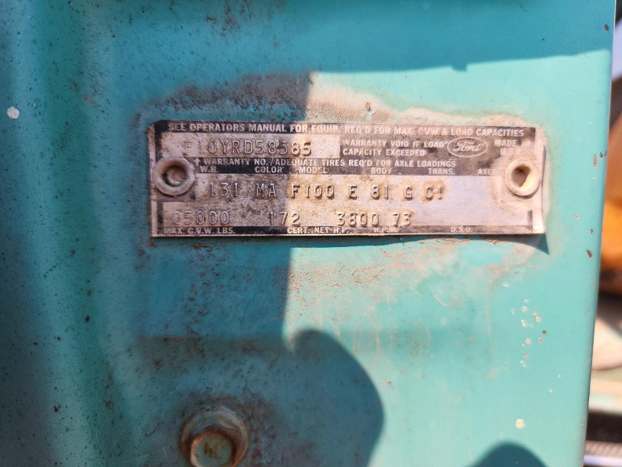 1968 Ford F-150 Turquoise vin: F10YRD58585