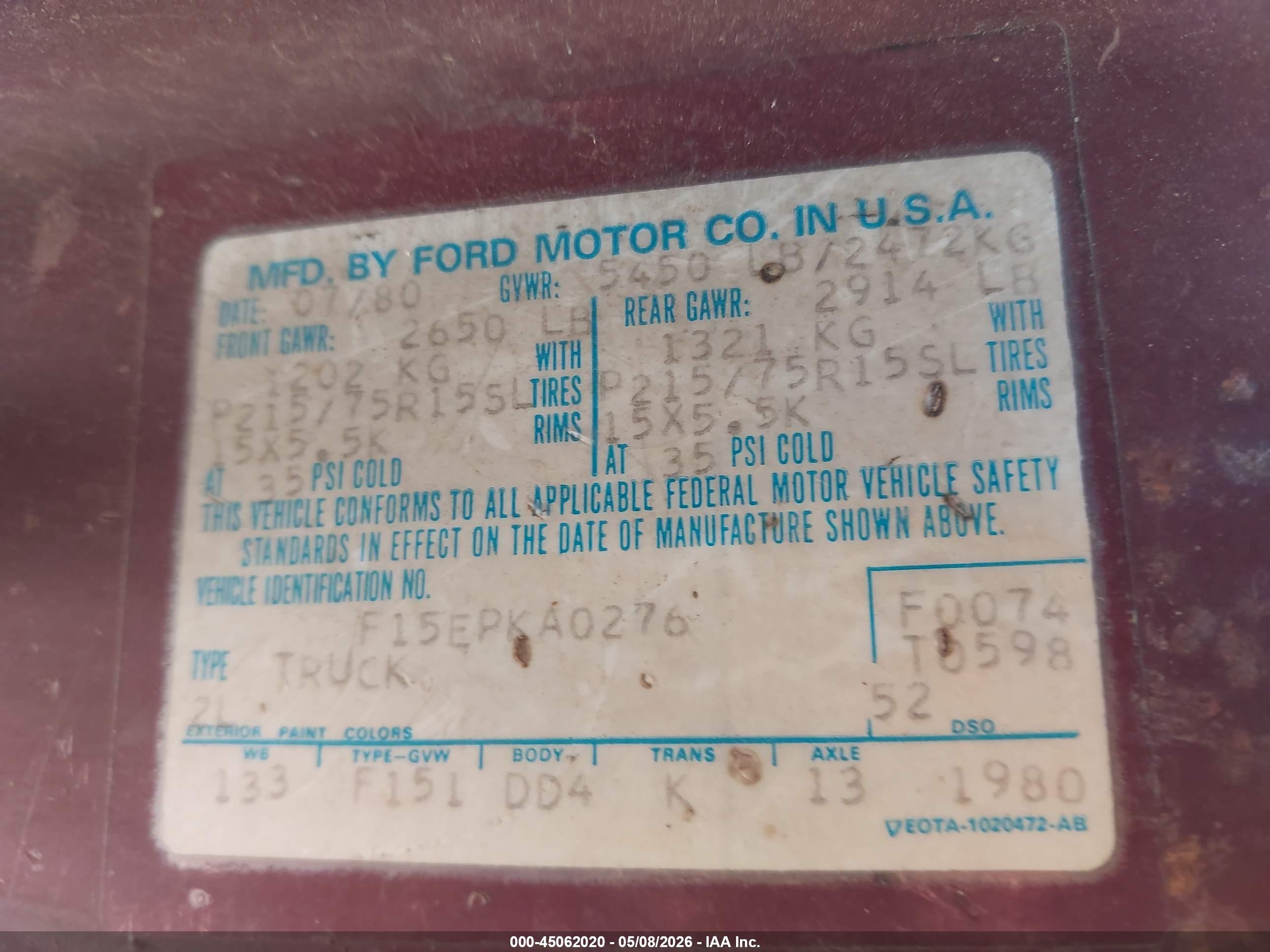 1980 Ford F150   Красный vin: F15EPKA0276      