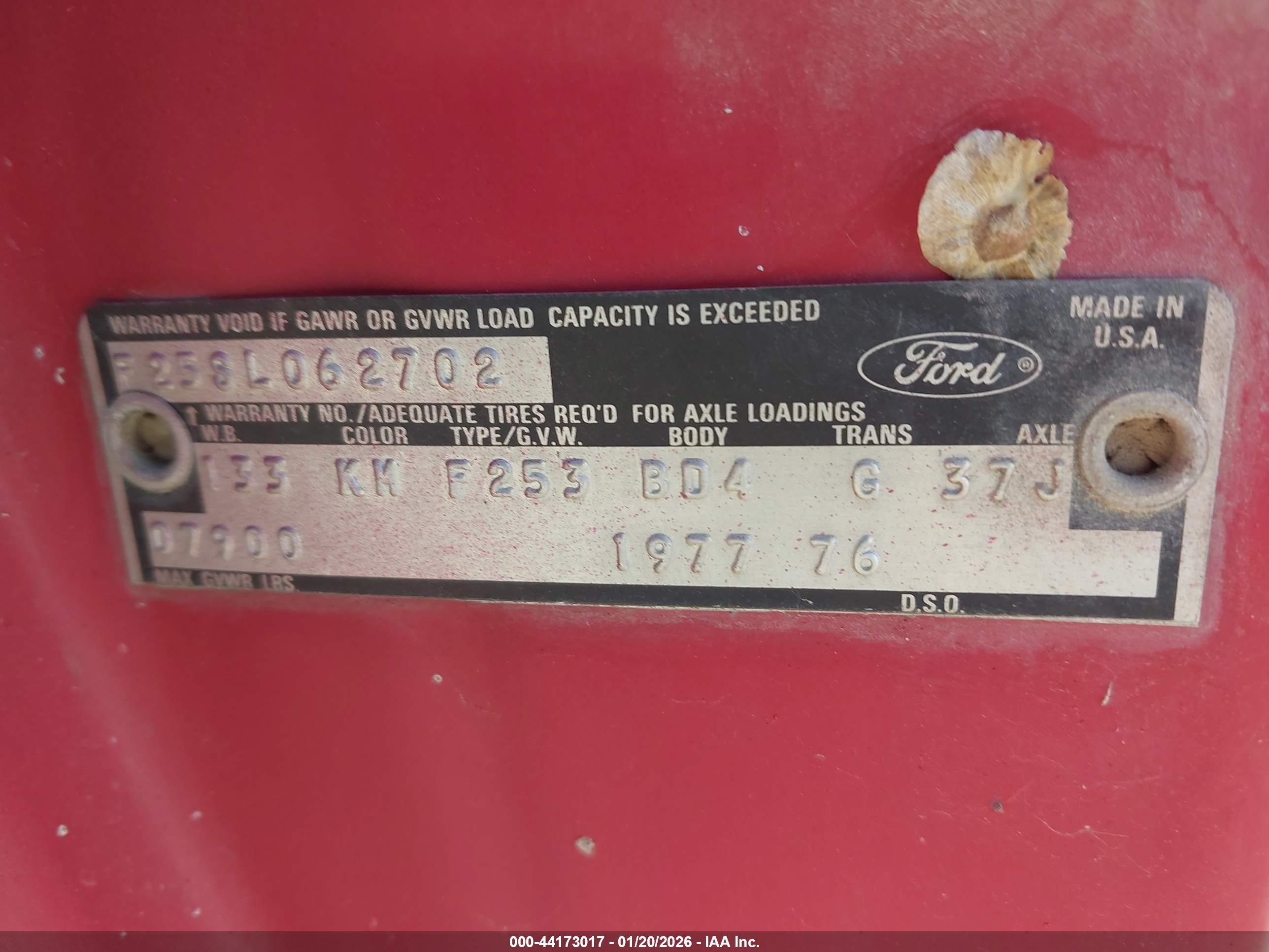 1977 Ford F250   Красный vin: F25SL062702      