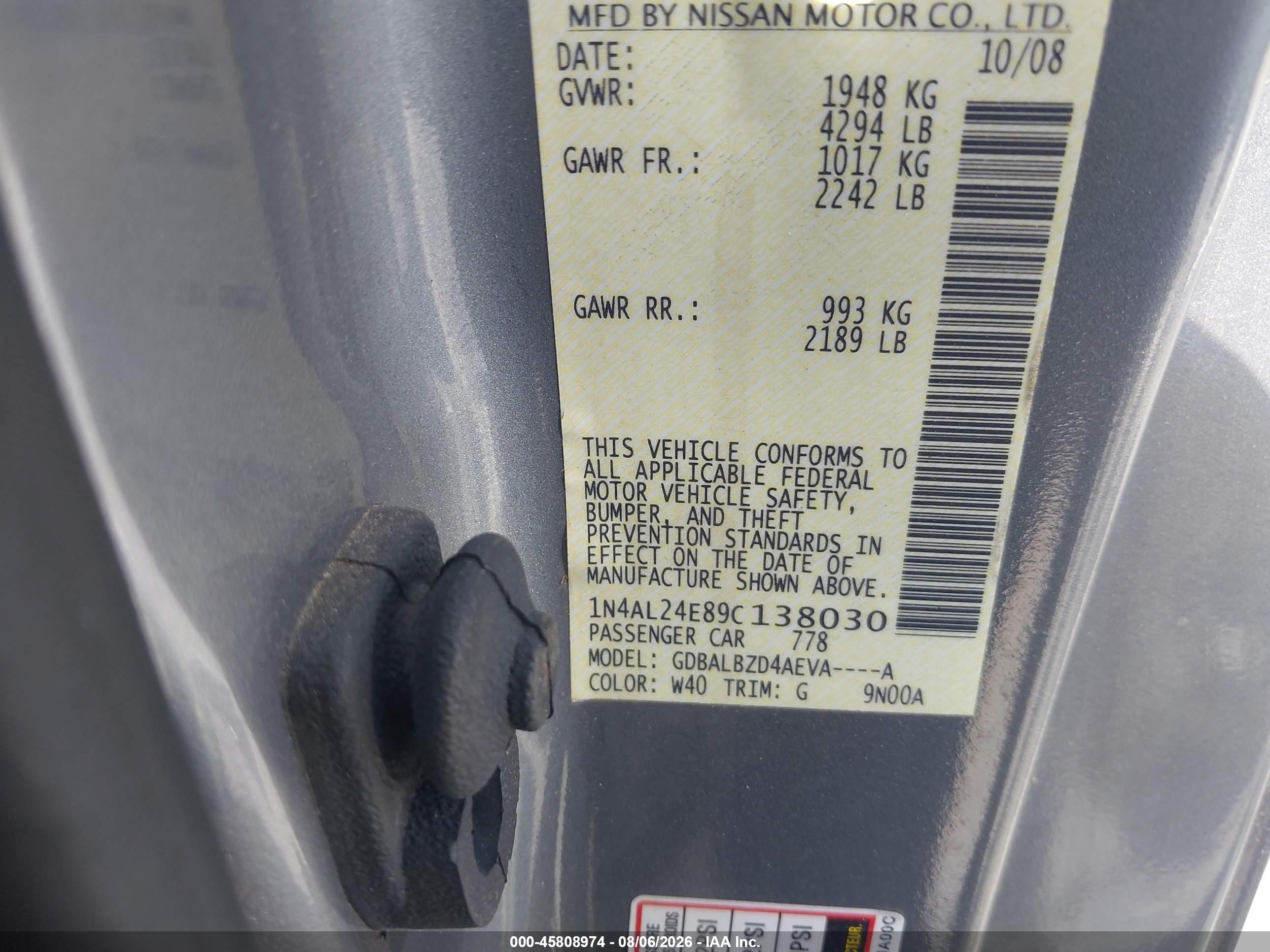 2009 Nissan Altima 2.5s Silver vin: IN4AL24E89C138030