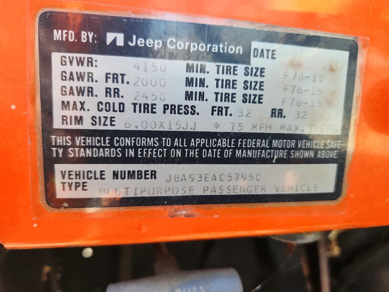 1977 Jeep Cj5, Cj6, Cj7, Unive Orange vin: J8A93EA057950