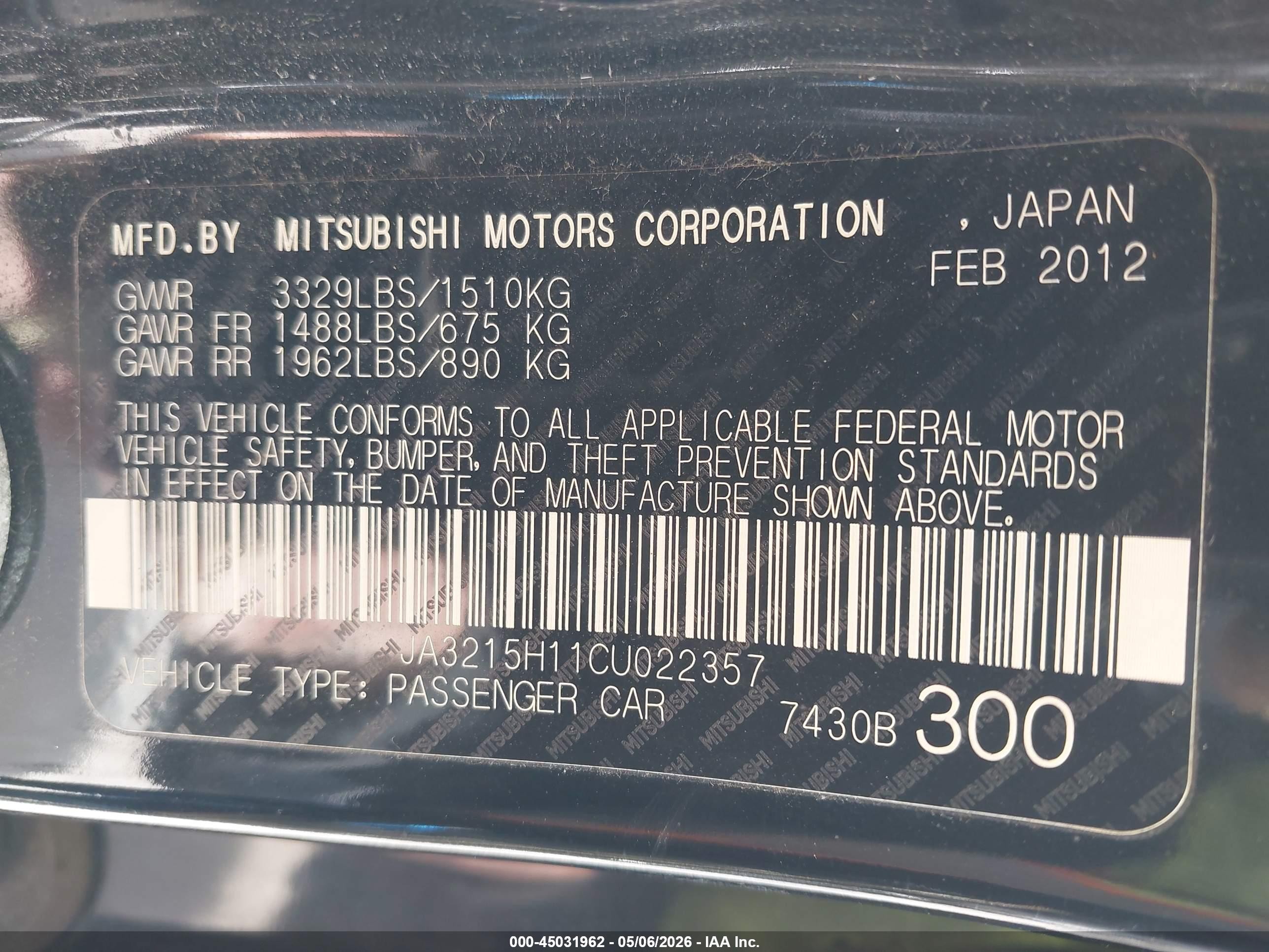 2012 Mitsubishi I-miev Es/se Черный vin: JA3215H11CU022357