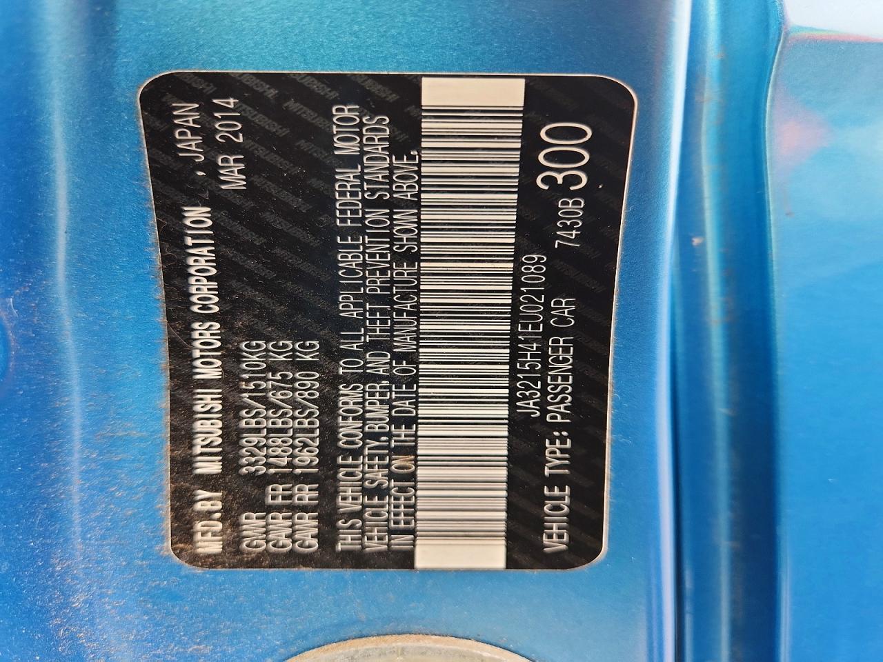 2014 Mitsubishi I Miev Es Blue vin: JA3215H41EU021089