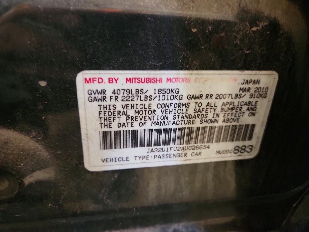 2010 Mitsubishi Lancer De Black vin: JA32U1FU2AU026654