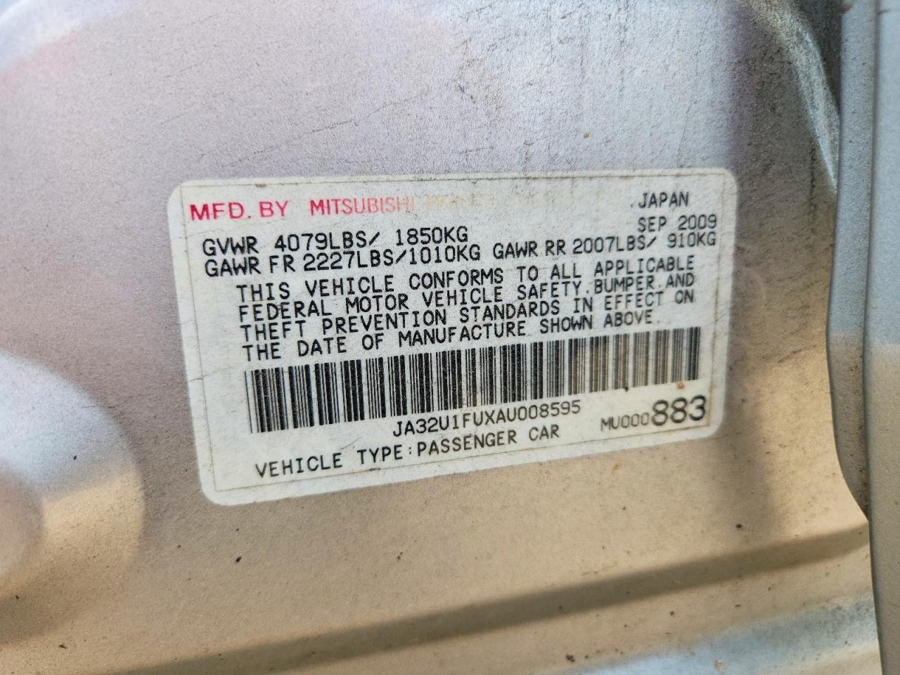 2010 Mitsubishi Lancer De Silver vin: JA32U1FUXAU008595