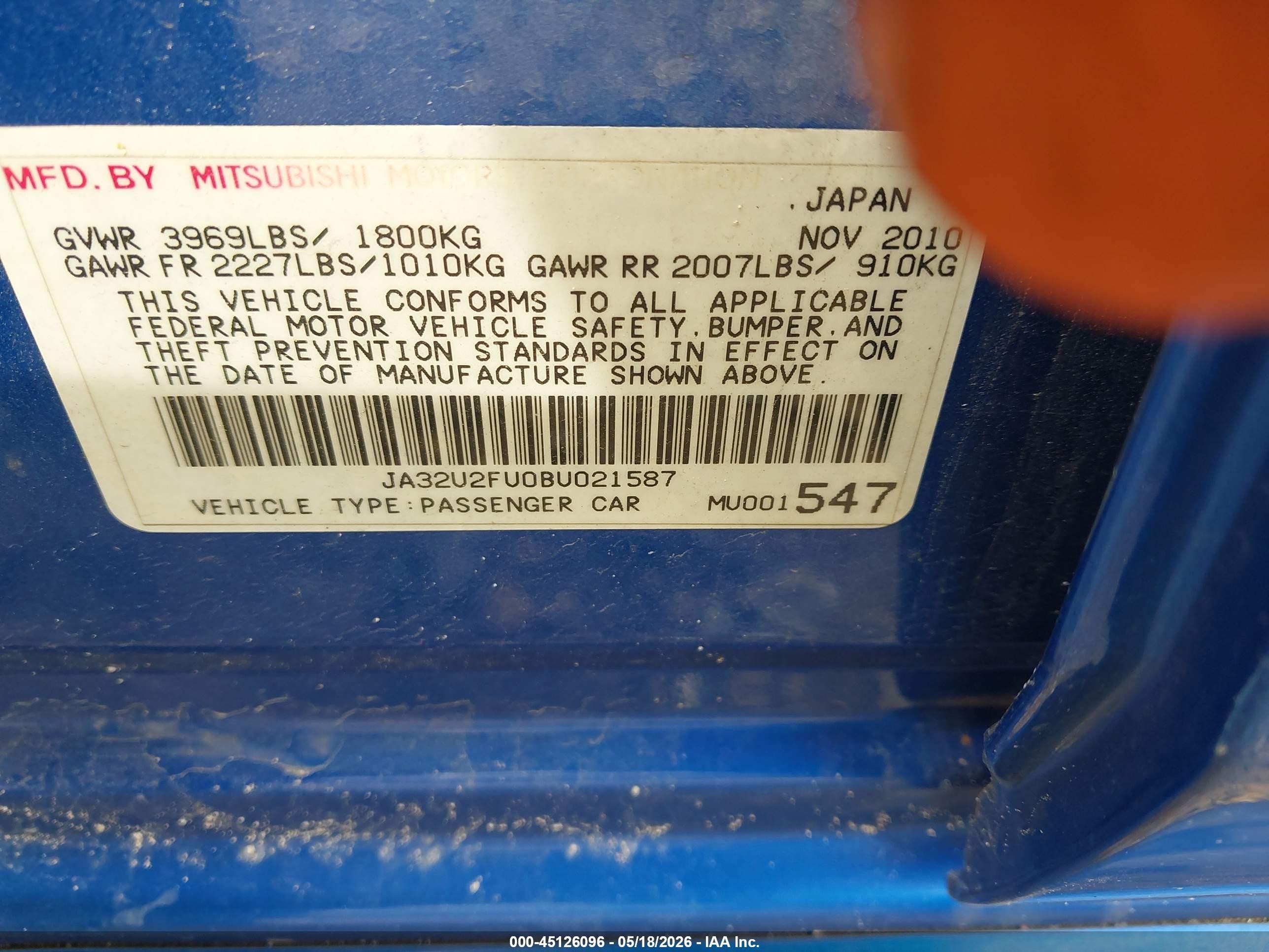 2011 Mitsubishi Lancer Es Blue vin: JA32U2FU0BU021587