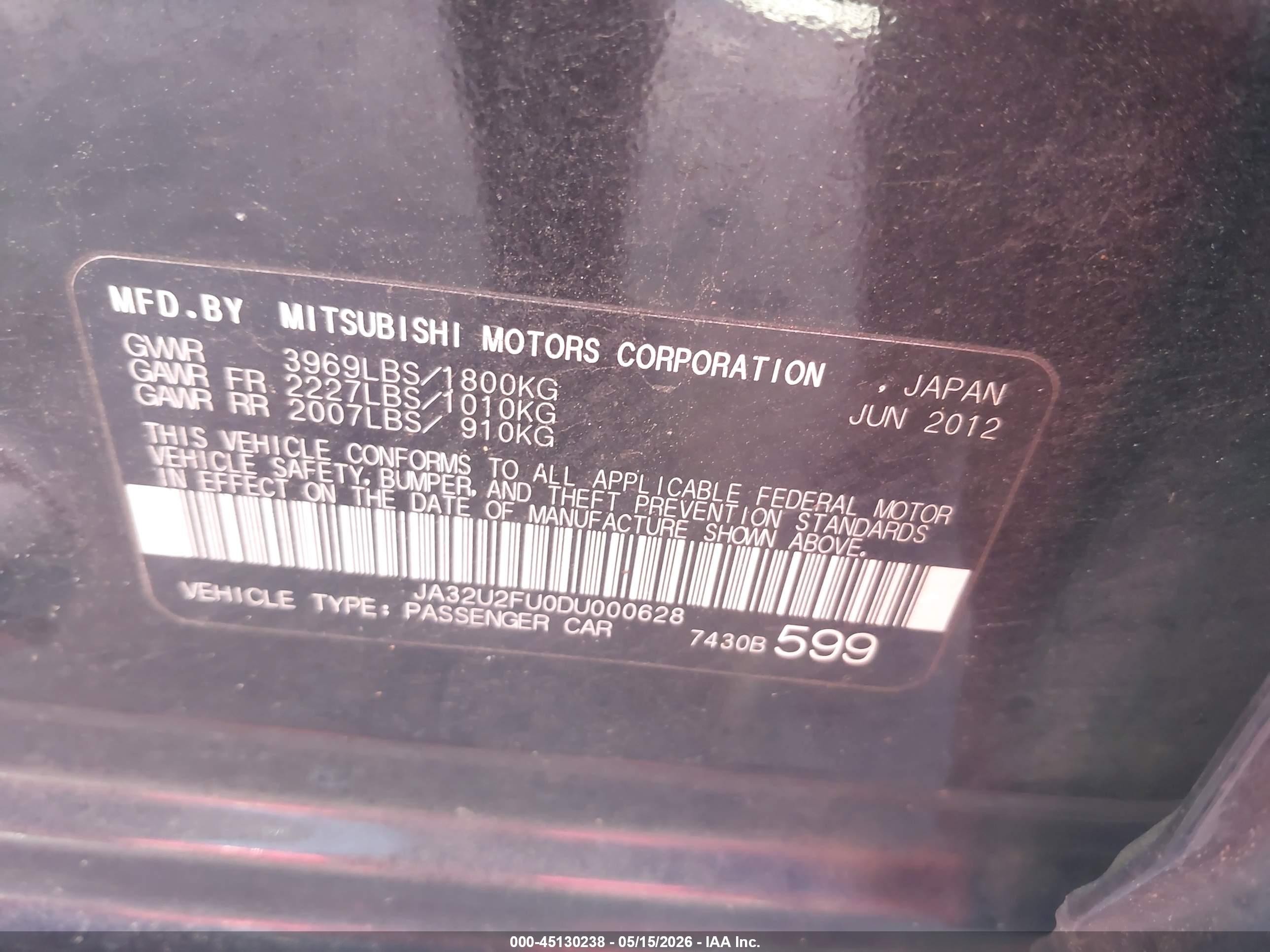 2013 Mitsubishi Lancer Es Black vin: JA32U2FU0DU000628